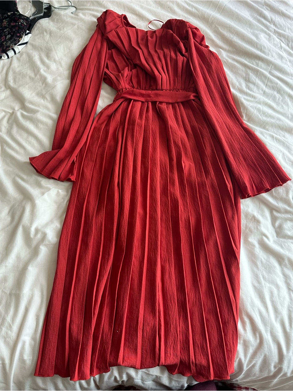Zara Red Pleated Long-Sleeve Midi Dress